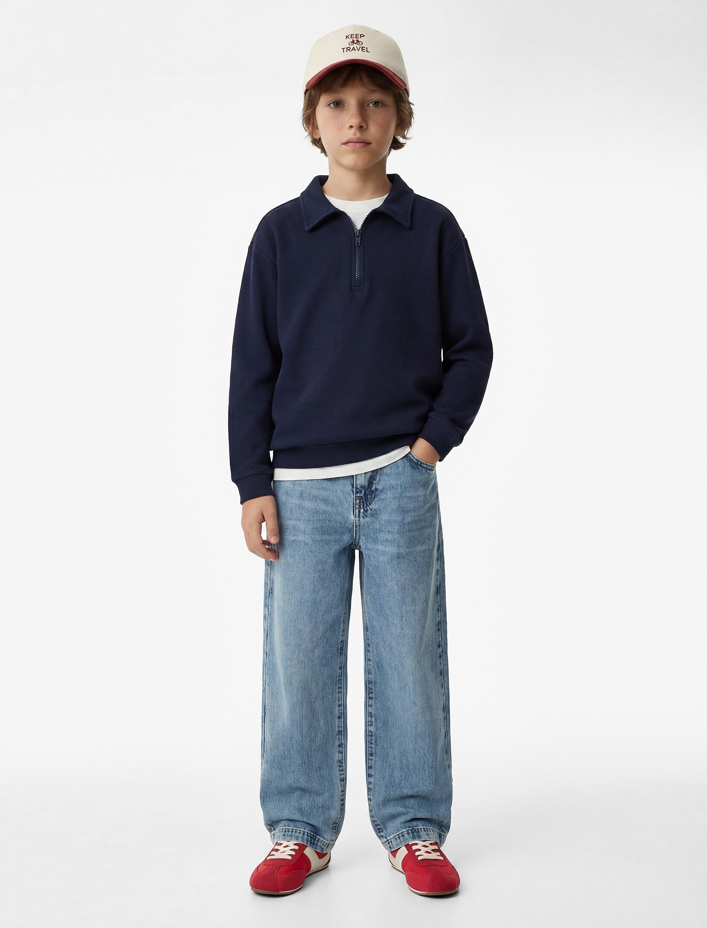  Erkek Çocuk Pamuklu Uzun Kollu Yarım Fermuarlı Polo Yaka Sweatshirt