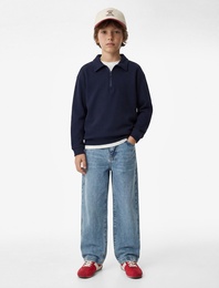 Pamuklu Uzun Kollu Yarım Fermuarlı Polo Yaka Sweatshirt