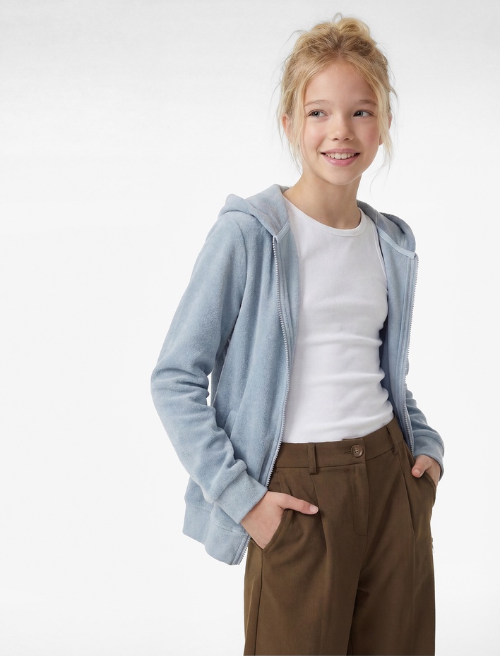 Kız Çocuk Uzun Kollu Fermuarlı Kapşonlu Polar Sweatshirt