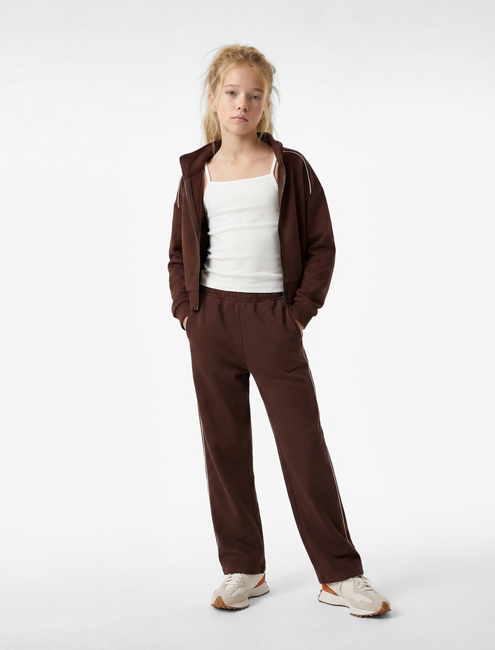 Kız Çocuk Dik Yaka Uzun Kollu Modal Karışımlı Yarım Fermuarlı Crop Sweatshirt