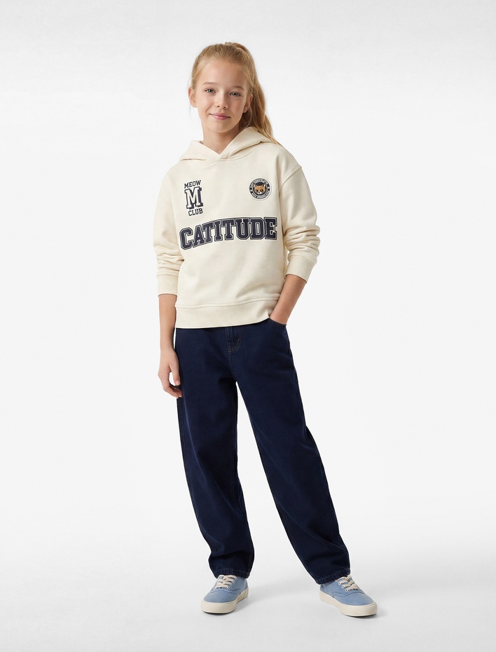 Kız Çocuk Pamuklu Nakış Detaylı Uzun Kollu Kapşonlu Sweatshirt