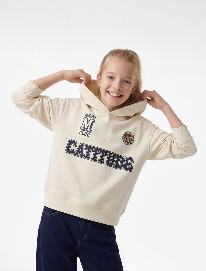 Kız Çocuk Pamuklu Nakış Detaylı Uzun Kollu Kapşonlu Sweatshirt