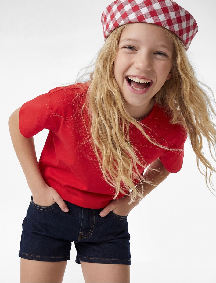 Kız Çocuk Kısa Kollu Bisiklet Yaka Pamuklu Tavşan Nakışlı Tişört