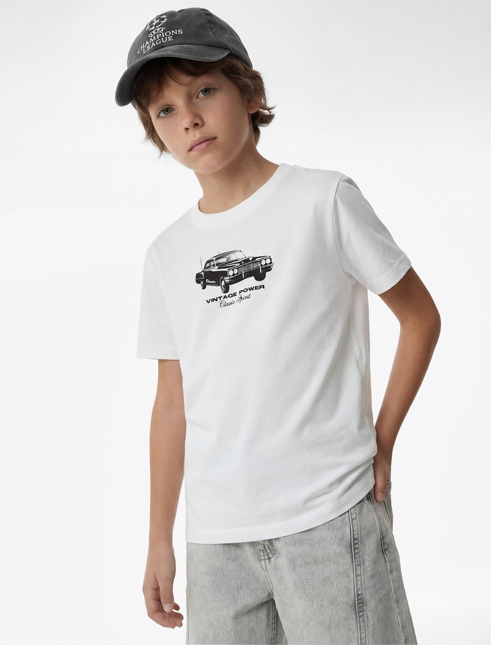 Erkek Çocuk Bisiklet Yaka Kısa Kollu Pamuklu Araba Baskılı Tişört