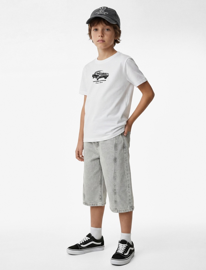 Erkek Çocuk Bisiklet Yaka Kısa Kollu Pamuklu Araba Baskılı Tişört