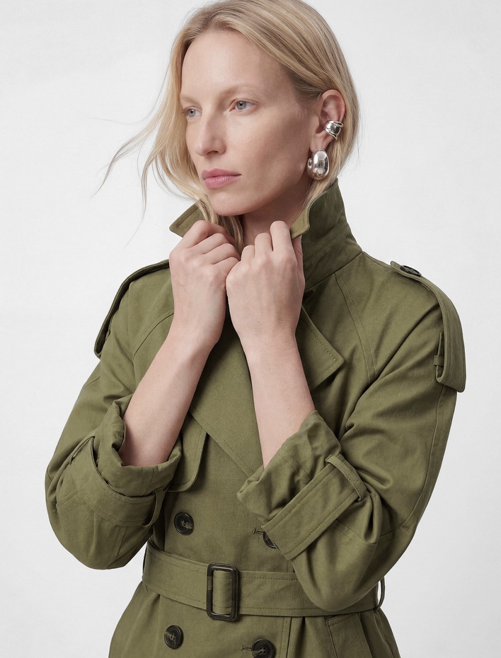  Uzun Kollu Düğmeli Cepli Kruvaze Kemerli Gabardin Kısa Trençkot