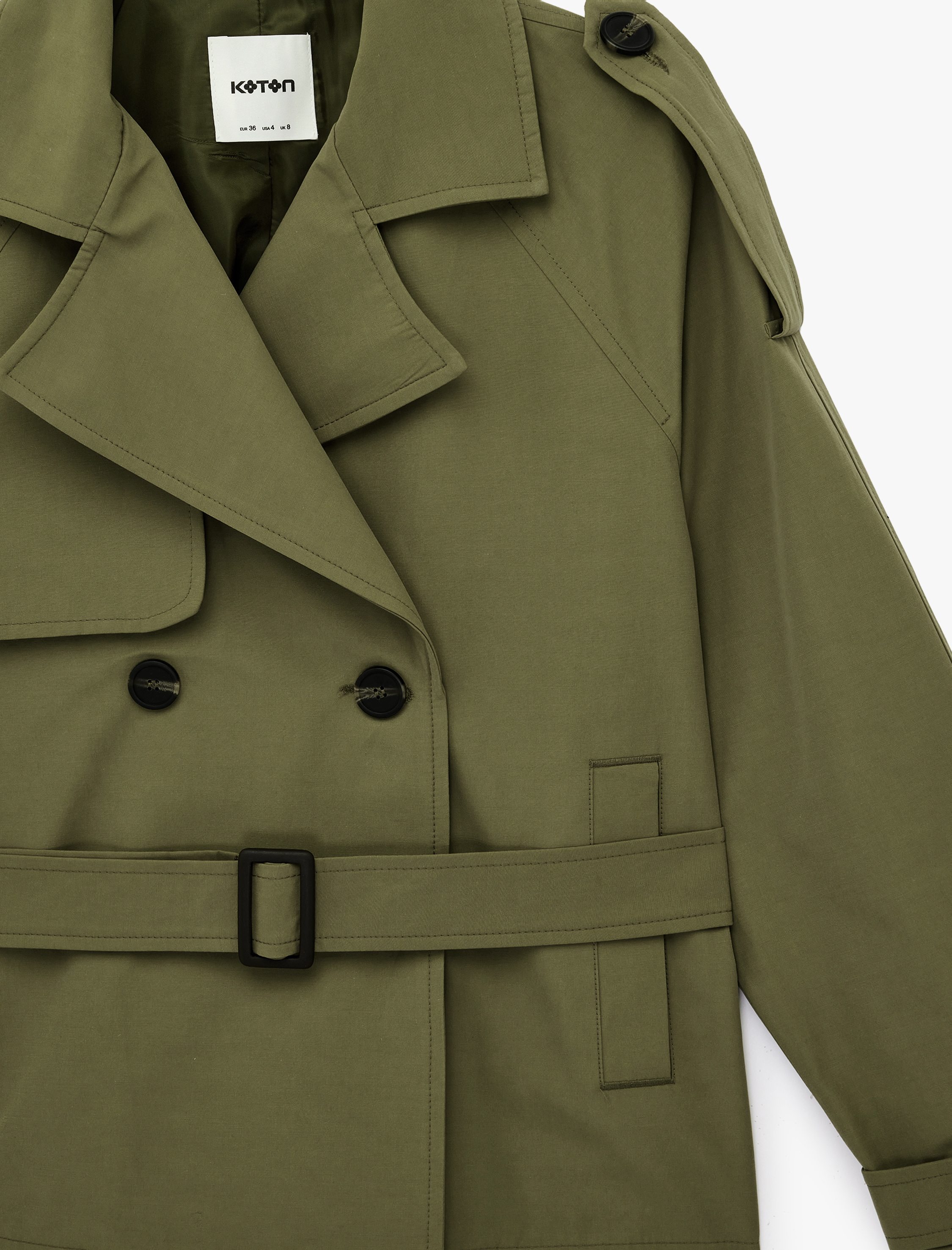   Uzun Kollu Düğmeli Cepli Kruvaze Kemerli Gabardin Kısa Trençkot