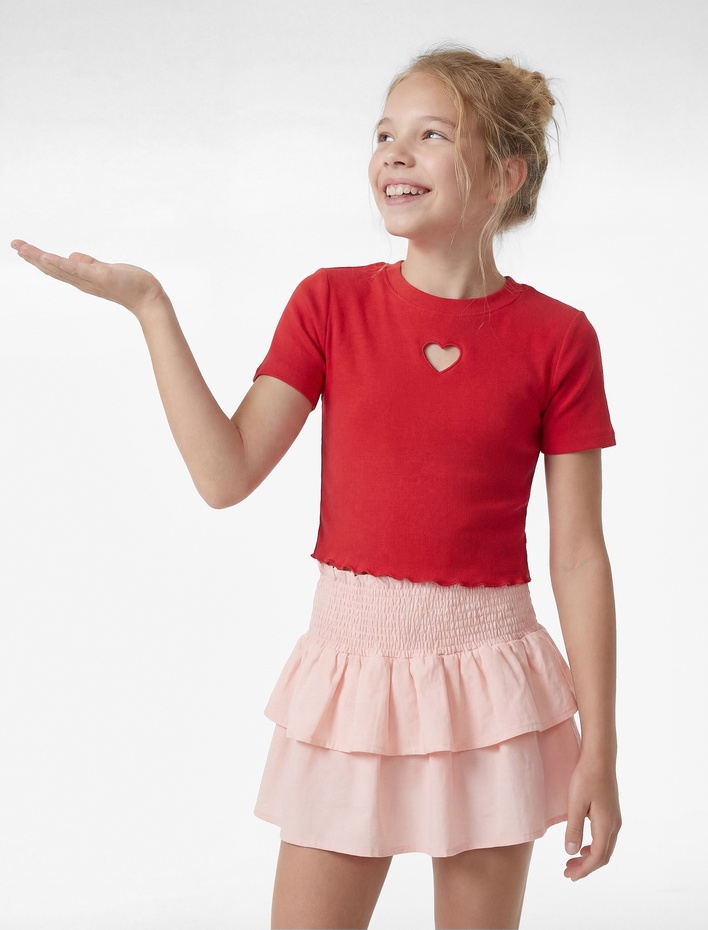 Kız Çocuk Kat Detaylı Yüksek Bel Gipeli Yüksek Bel Etek