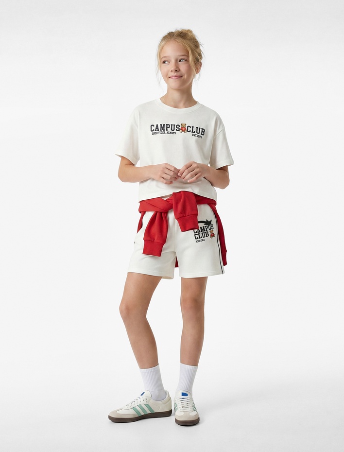 Kız Çocuk Ayıcık Baskılı Kısa Kollu Bisiklet Yaka Pamuklu Tişört