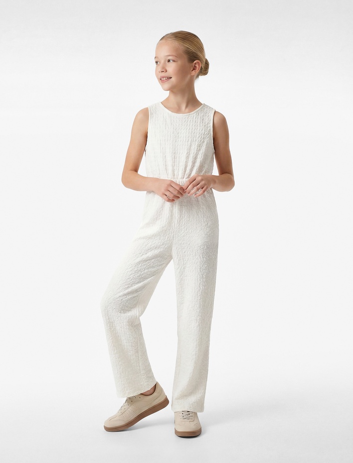 Kız Çocuk Bisiklet Yaka Kolsuz Bürümcük Kumaş Uzun Tulum