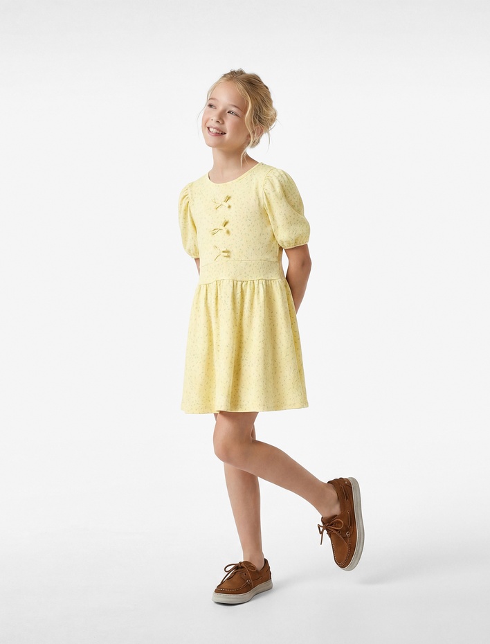 Kız Çocuk Balon Kollu Bisiklet Yaka Fiyonklu Elbise