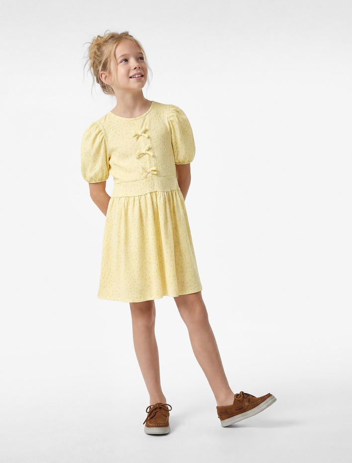 Kız Çocuk Balon Kollu Bisiklet Yaka Fiyonklu Elbise