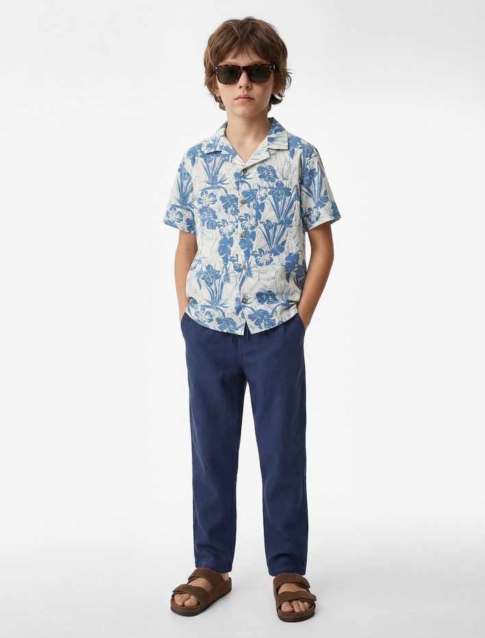 Erkek Çocuk Keten ve Viskon Karışımlı  Beli Bağcıklı Basic Pantolon