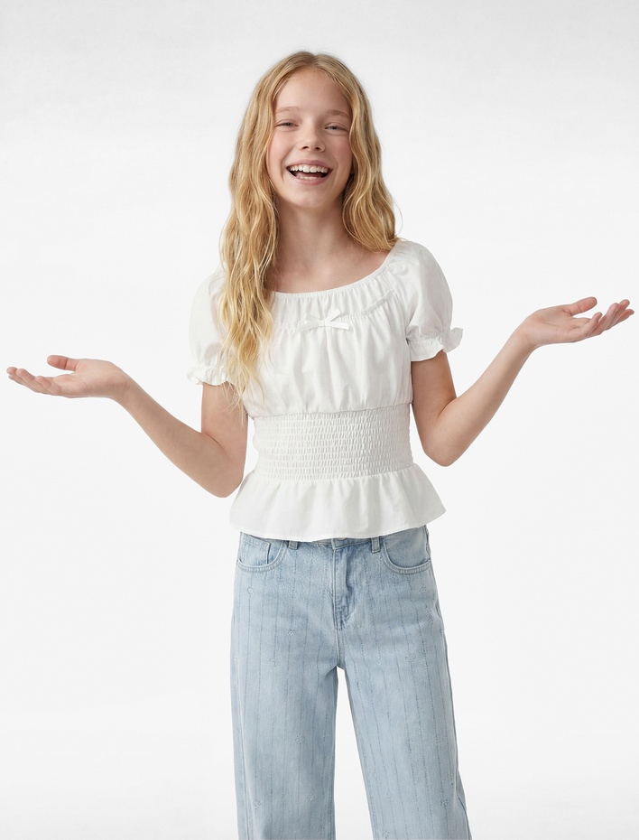 Kız Çocuk Pamuklu Kısa Kollu Fiyonk Detaylı Gipeli Crop Poplin Kayık Yaka Balon Kol Bluz