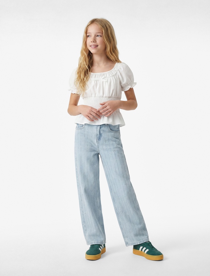 Kız Çocuk Pamuklu Kısa Kollu Fiyonk Detaylı Gipeli Crop Poplin Kayık Yaka Balon Kol Bluz