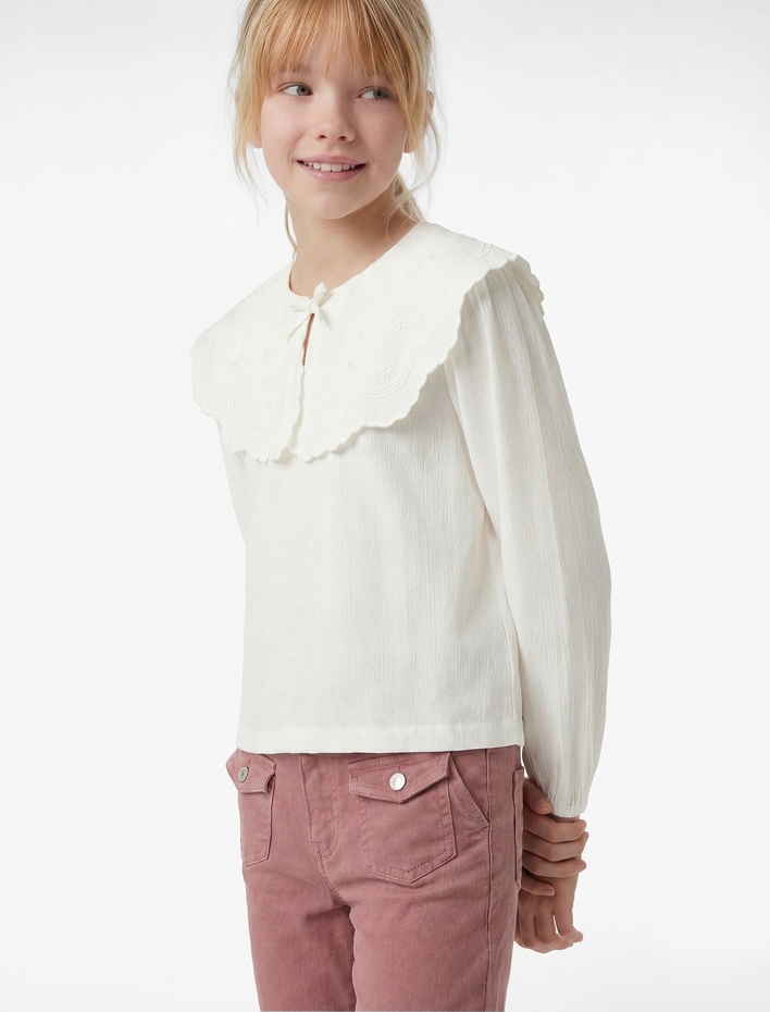 Kız Çocuk Pamuklu Nakışlı Fiyonk Detaylı Uzun Kollu Bebe Yaka Bluz