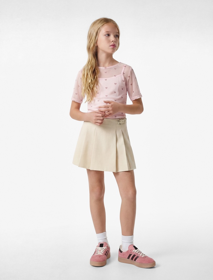 Kız Çocuk Kısa Kollu Bisiklet Yaka Simli Fiyonk Desenli Astarlı Tüllü Bluz