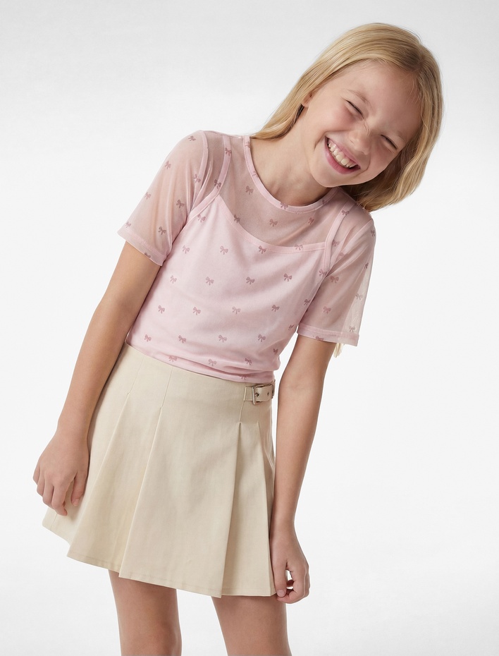 Kız Çocuk Kısa Kollu Bisiklet Yaka Simli Fiyonk Desenli Astarlı Tüllü Bluz