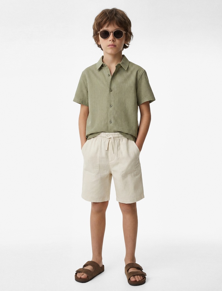 Erkek Çocuk Keten ve Viskon Karışımlı Beli Bağcıklı Basic Şort