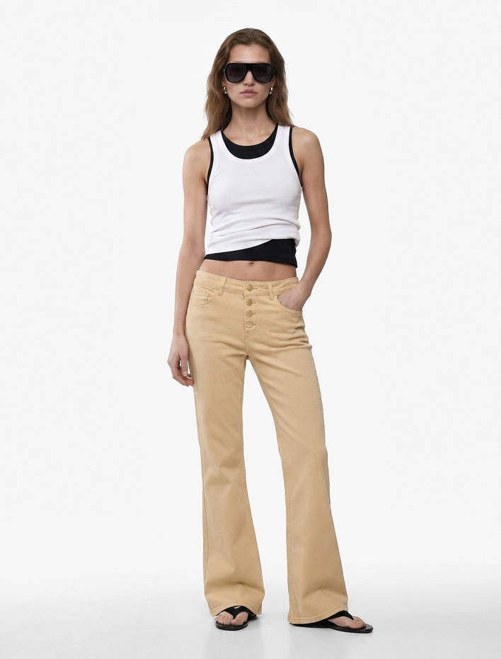  Yüksek Bel İspanyol Paça Düğmeli Jean Pantolon - Flare Jeans