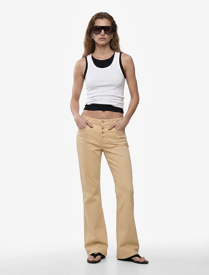  Yüksek Bel İspanyol Paça Düğmeli Jean Pantolon - Flare Jeans
