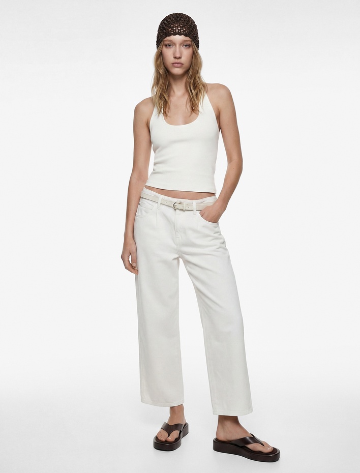  Kemer Detaylı Pamuklu Kısa Geniş Paça Pantolon - Wide Leg Jeans