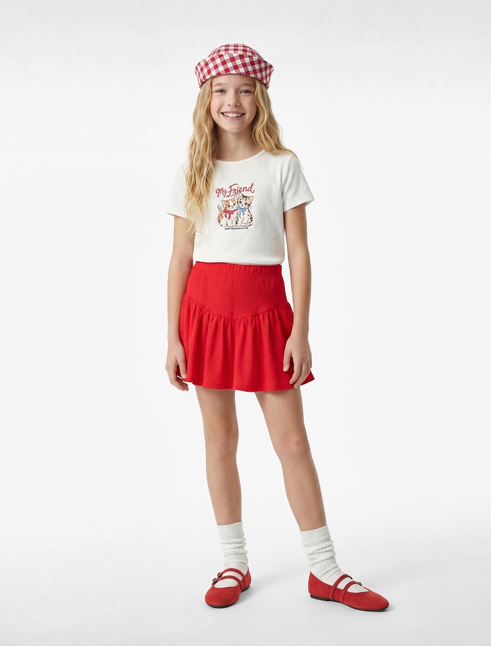 Kız Çocuk Bisiklet Yaka Kısa Kollu Pamuklu Kedi Baskılı Tişört