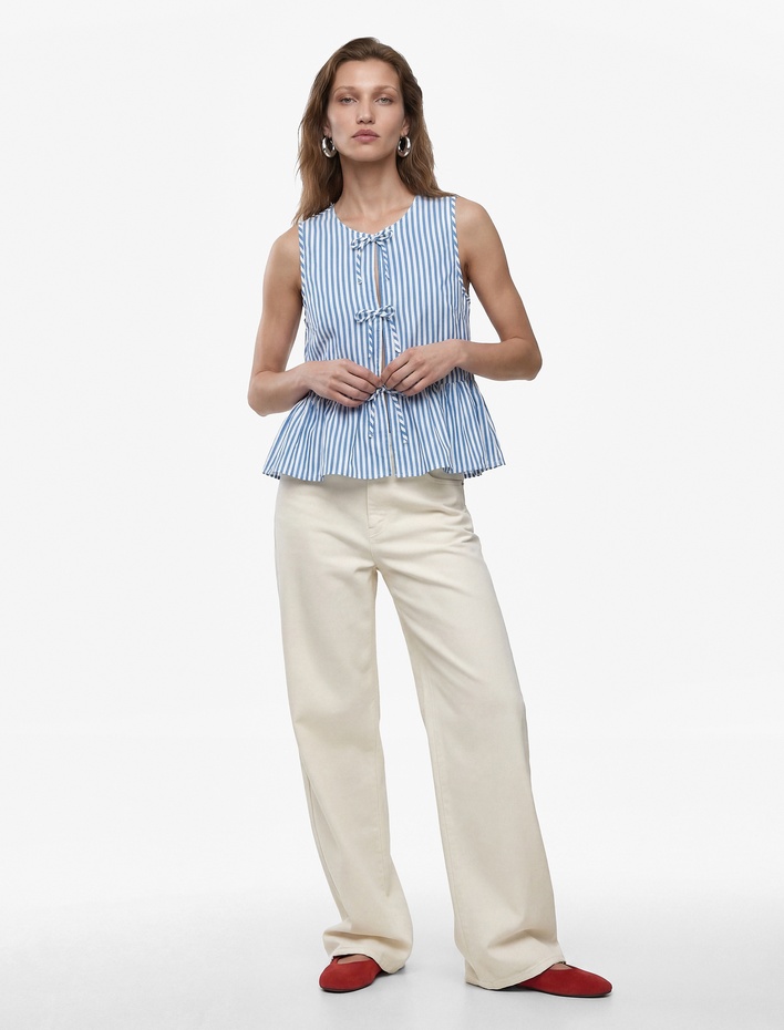  Kolsuz Fiyonklu Önden Bağlamalı Çizgili Peplum Bluz