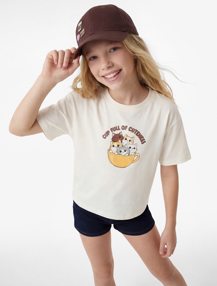 Kız Çocuk Kısa Kollu Bisiklet Yaka Pamuklu Kedi Baskılı Tişört