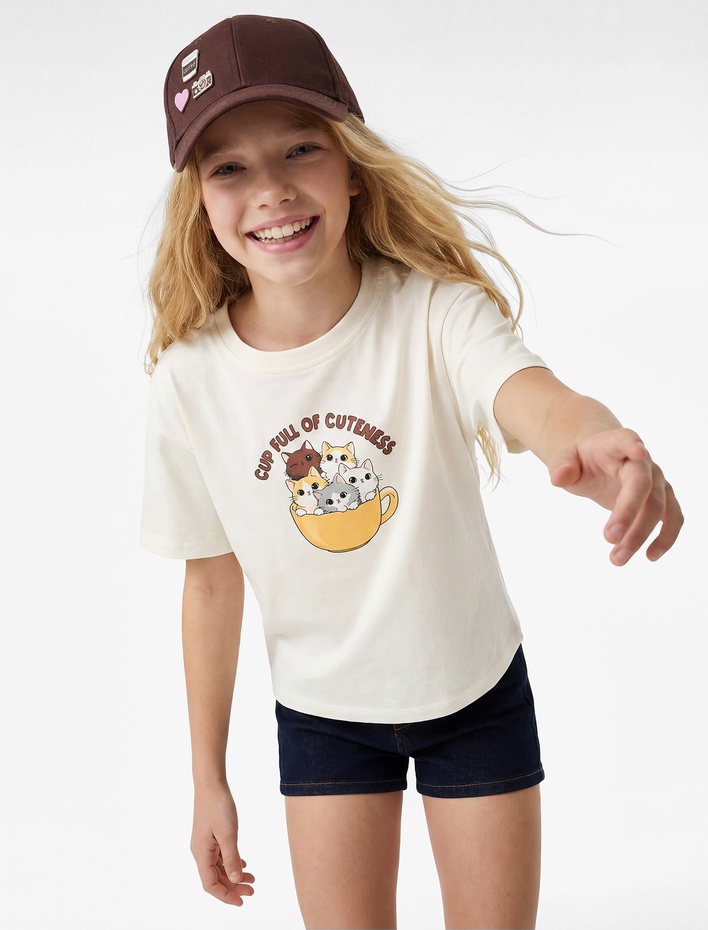 Kız Çocuk Kısa Kollu Bisiklet Yaka Pamuklu Kedi Baskılı Tişört