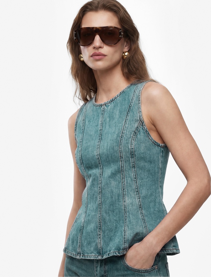  Pamuklu Bisiklet Yaka Fermuarlı Nervürlü Kolsuz Denim Bluz