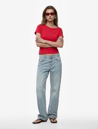 Pamuklu Slim Fit Düşük Omuz Kayık Yuvarlak Yaka Kısa Kollu Tişört