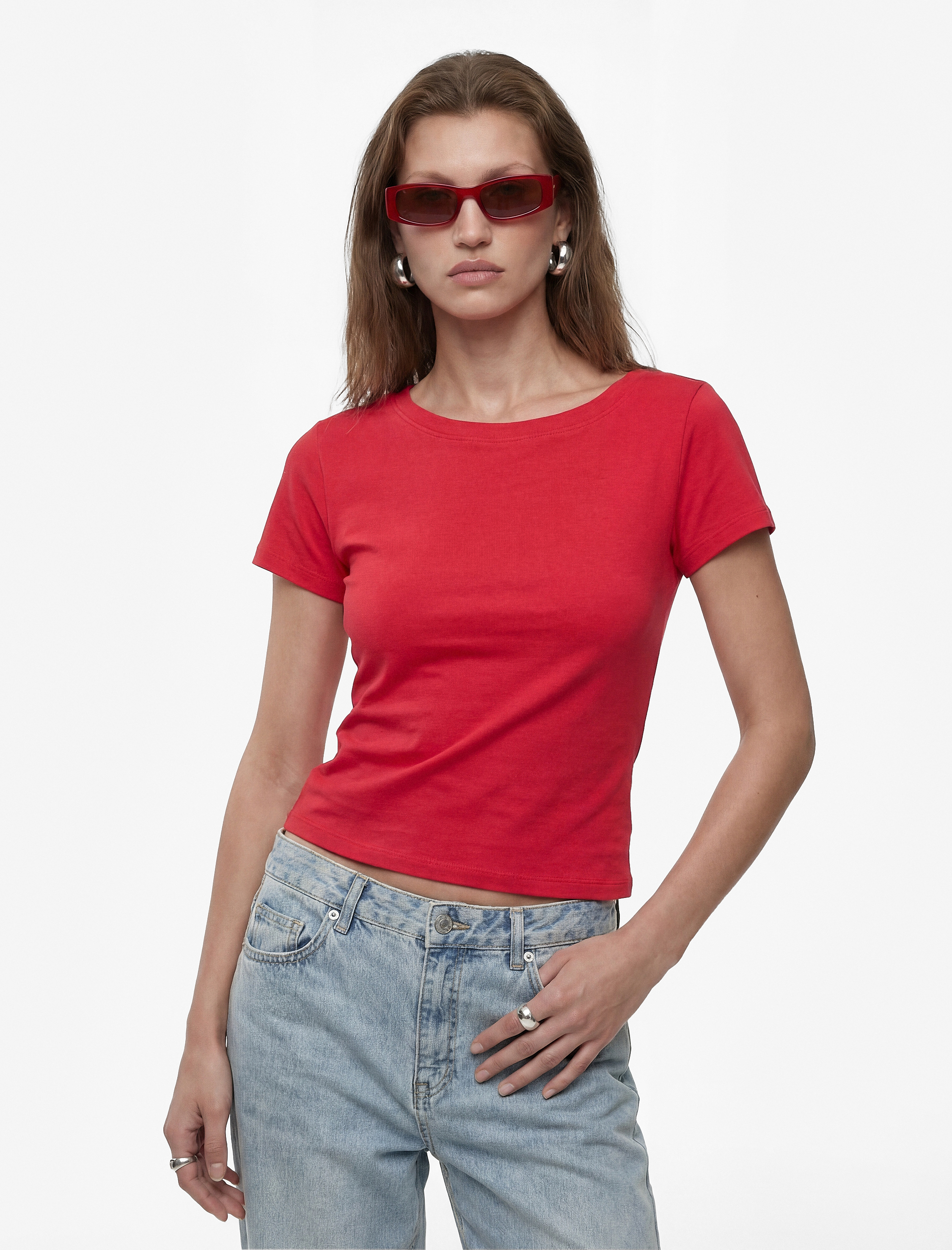   Pamuklu Slim Fit Düşük Omuz Kayık Yuvarlak Yaka Kısa Kollu Tişört