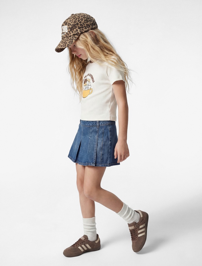 Kız Çocuk Kedi Baskılı Bisiklet Yaka Kısa Kollu Pamuklu Tişört