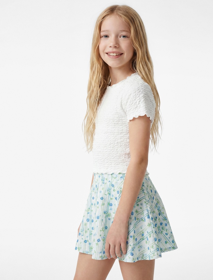 Kız Çocuk Fırfır Detaylı Yüksek Bel Viskon Kumaş Çiçekli Etek