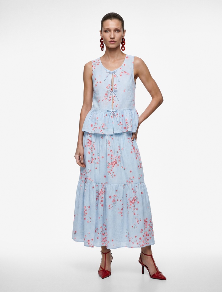  Viskon Kumaş Belden Oturtmalı Bağlamalı Gipeli Çiçekli Çizgili Uzun Etek