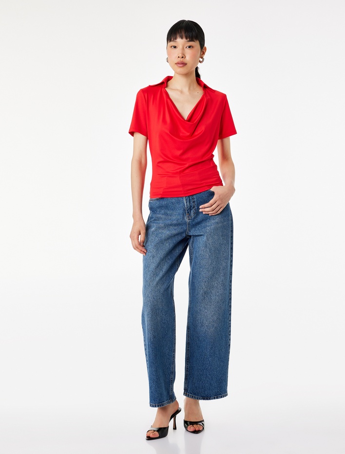  Slim Fit Polo Degaje Yaka Kısa Kollu Bluz