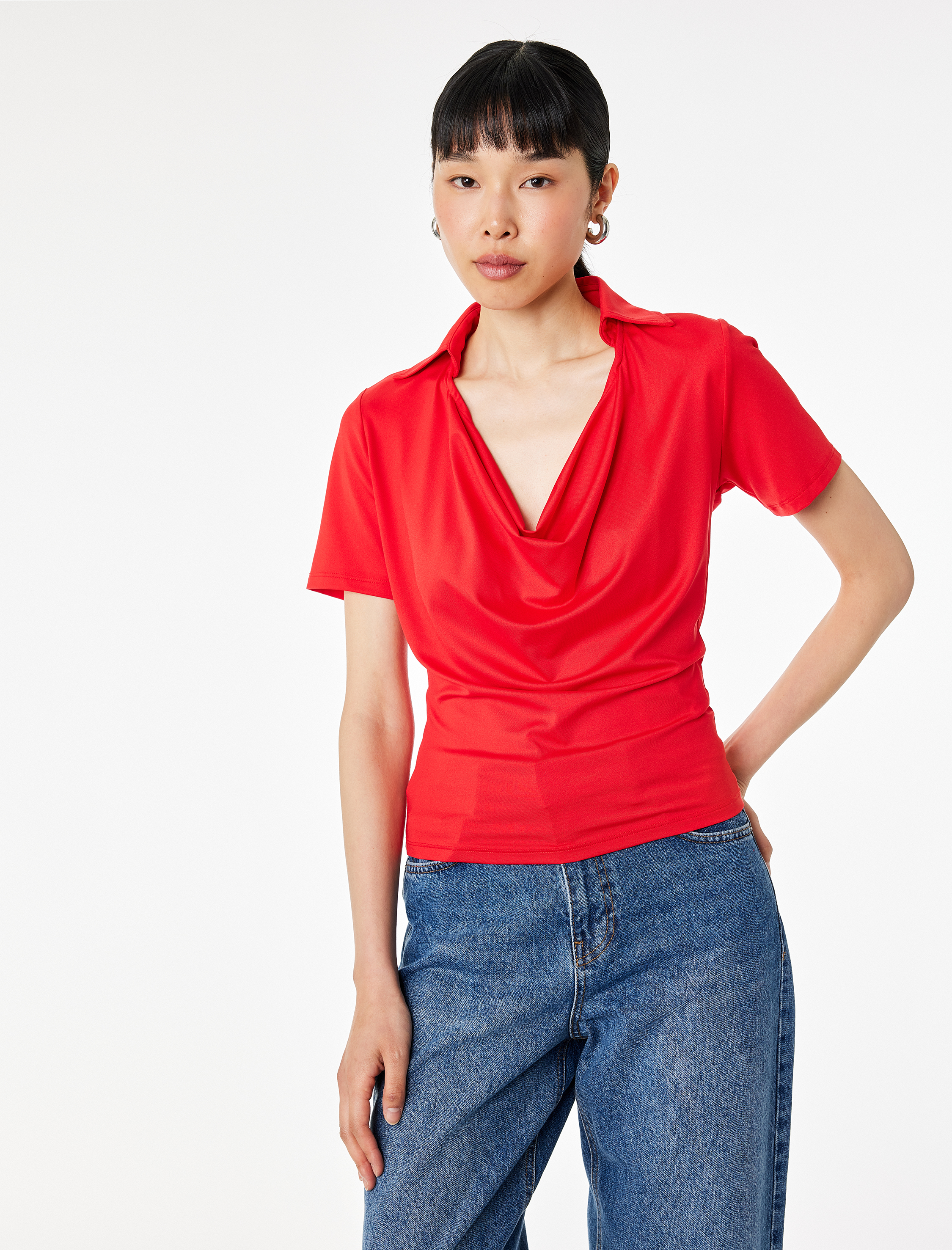  Slim Fit Polo Degaje Yaka Kısa Kollu Bluz