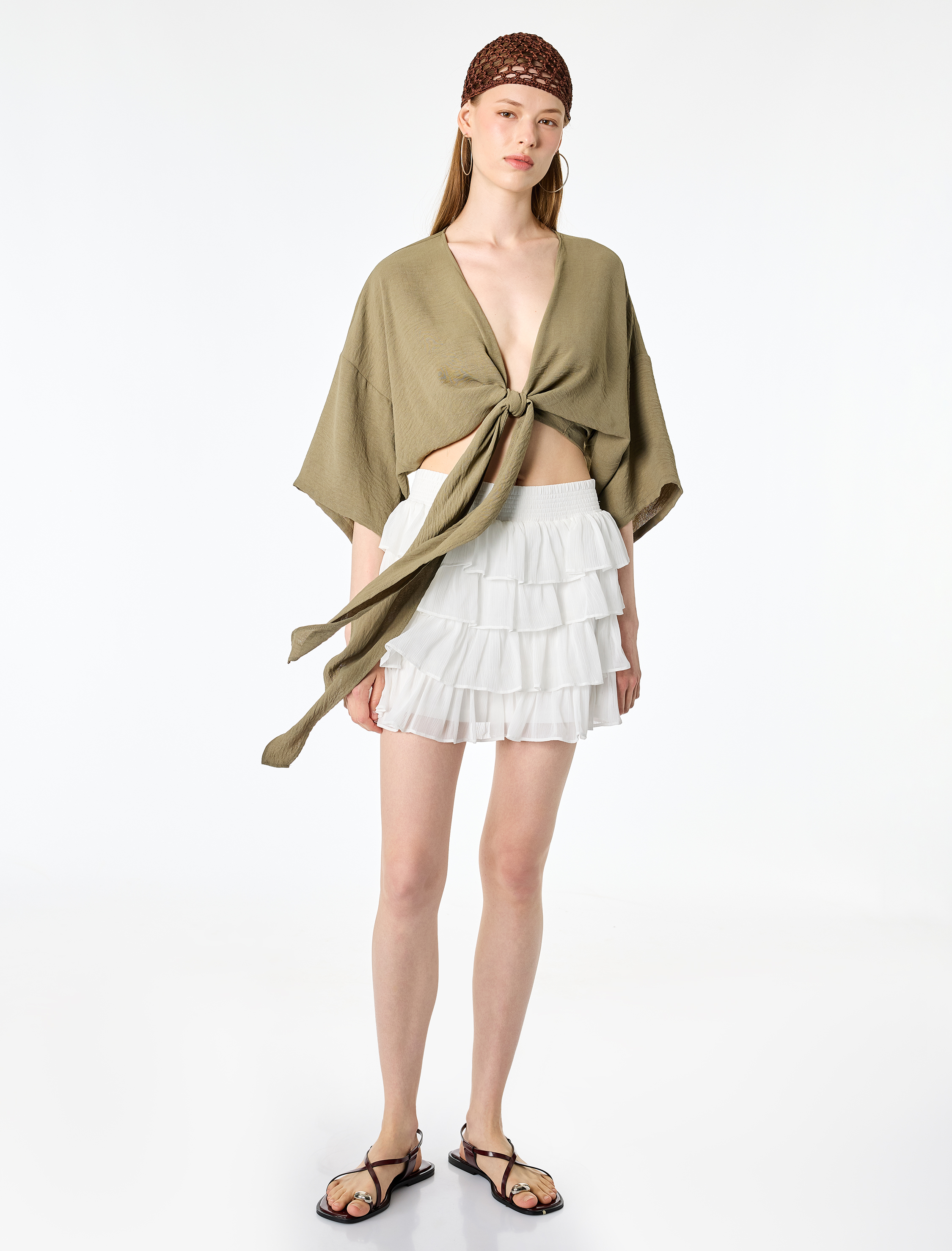   Kısa Kollu Kruvaze Yaka Bağlamalı Crop Oversize Kimono