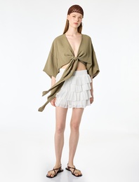 Kısa Kollu Kruvaze Yaka Bağlamalı Crop Oversize Kimono