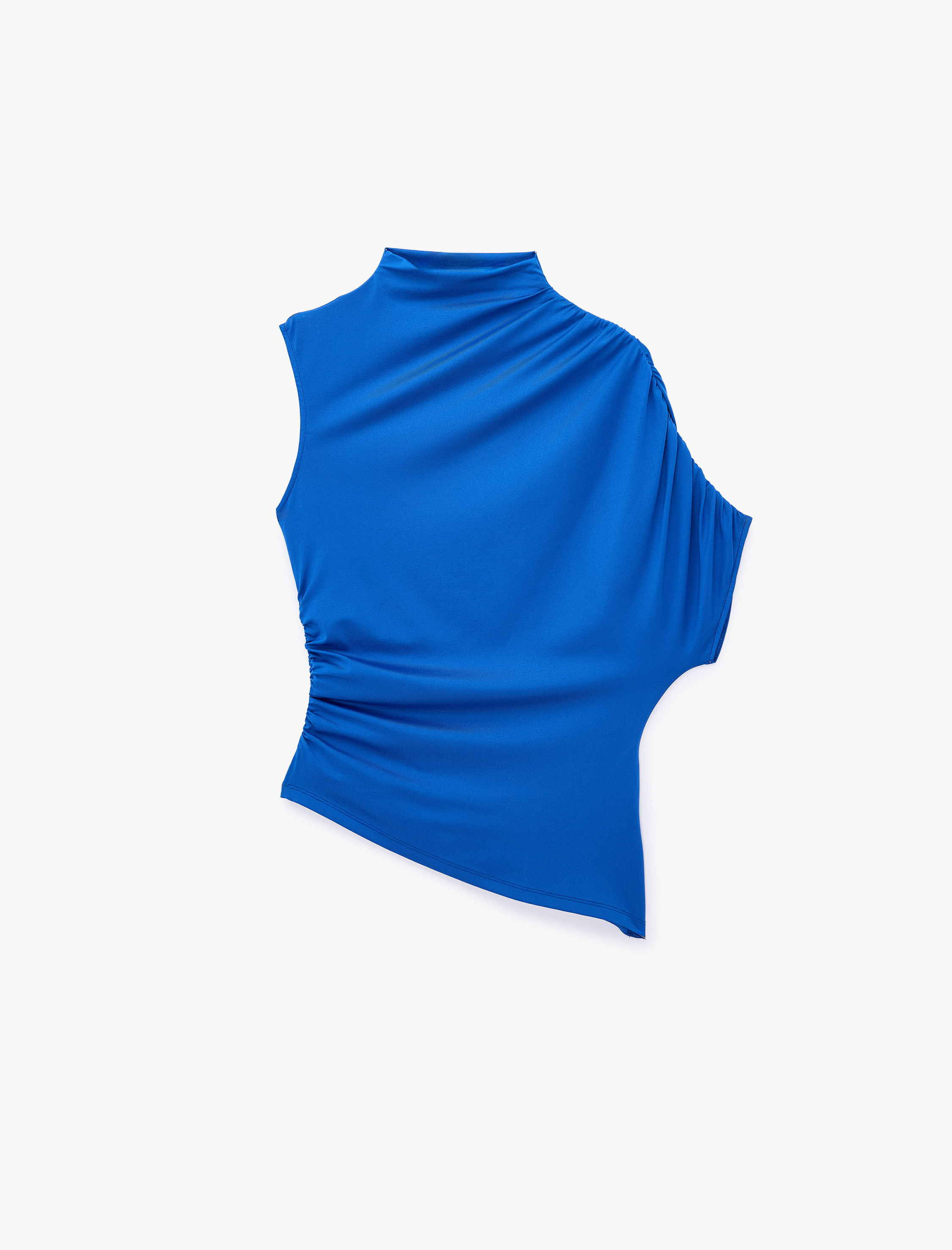   Slim Fit Asimetrik Kesim Drapeli Dik Yaka Kobalt Mavi Bluz