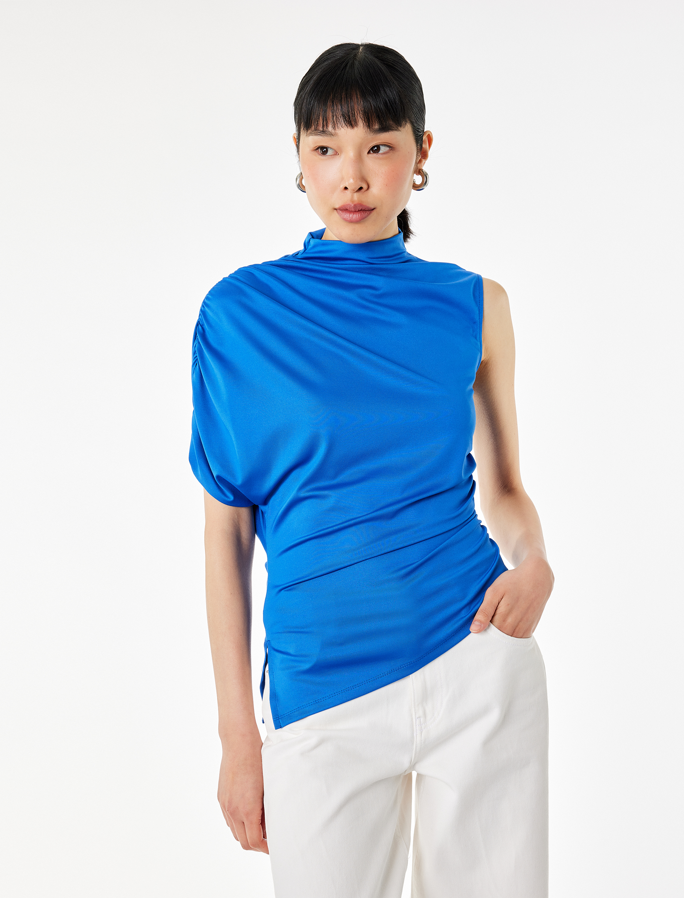   Slim Fit Asimetrik Kesim Drapeli Dik Yaka Kobalt Mavi Bluz