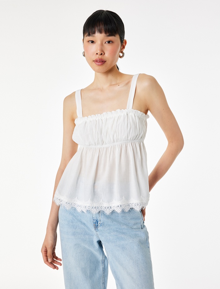  Gipeli Dantel Detaylı İnce Askılı Dokulu Bluz