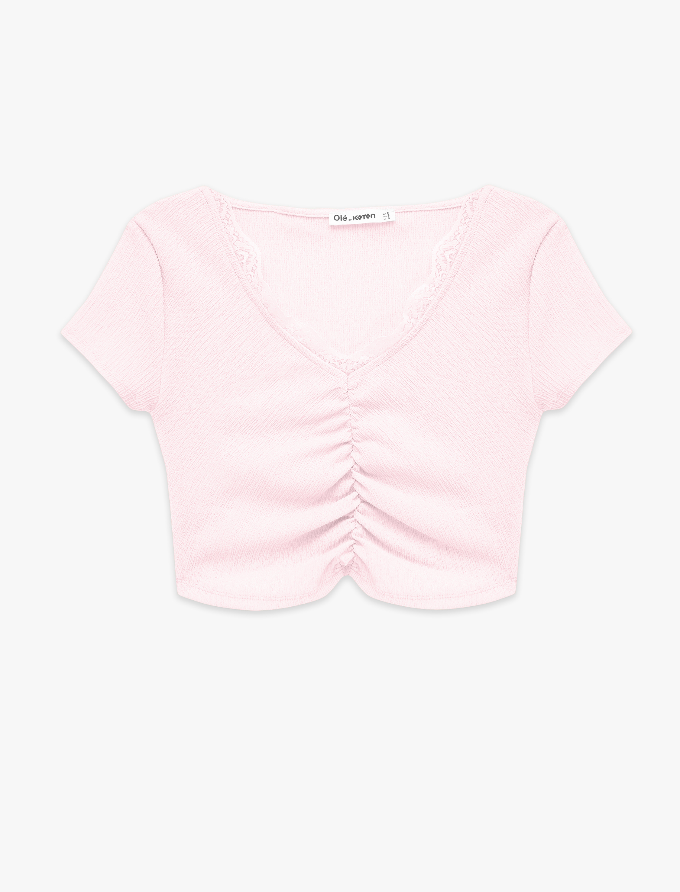   Bürümcük Kumaş Dantelli Slim Fit V Yaka Büzgülü Bel Vurgulu Crop Tişört