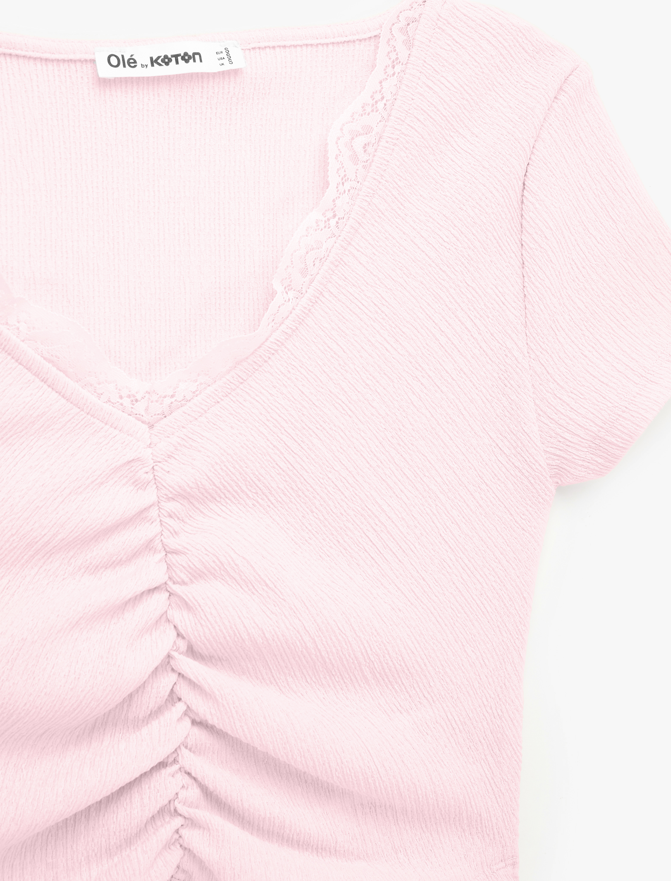   Bürümcük Kumaş Dantelli Slim Fit V Yaka Büzgülü Bel Vurgulu Crop Tişört