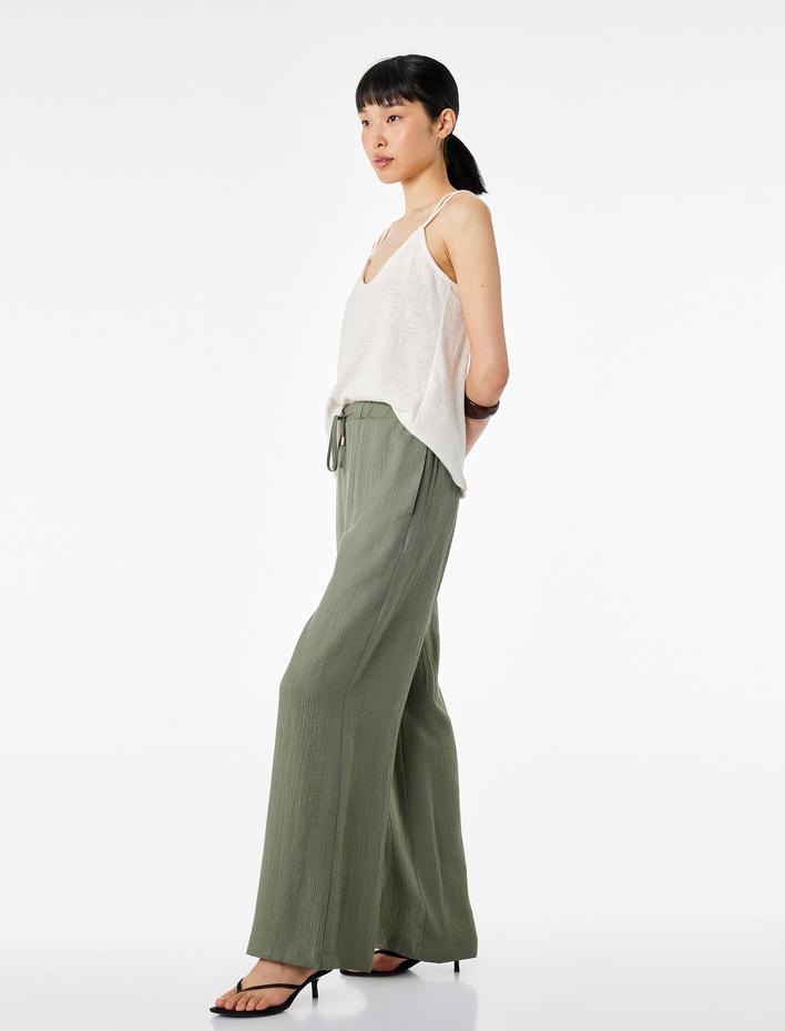  Beli Lastikli Bağlamalı Geniş Paça Pantolon