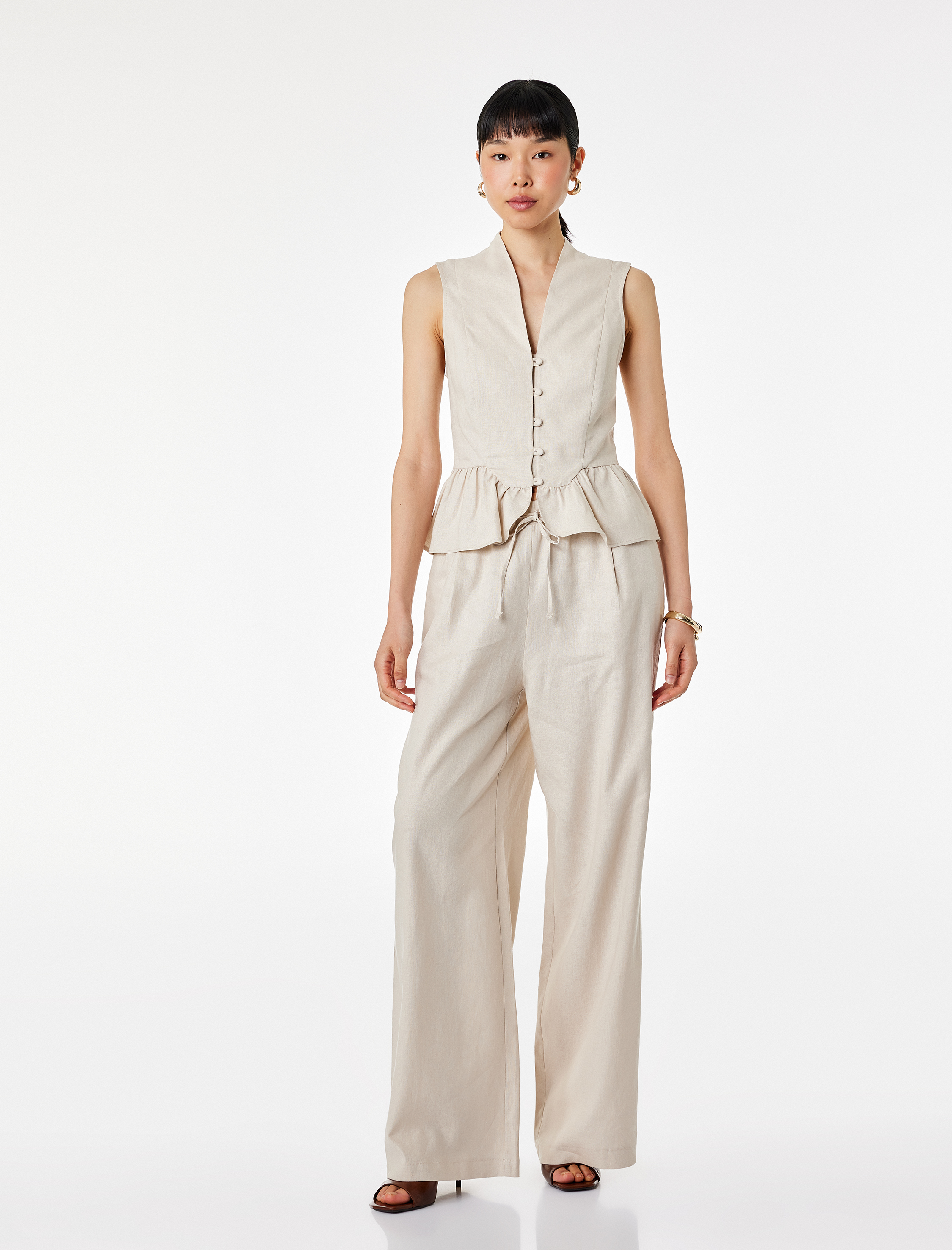   Belden Bağlamalı Cepli Geniş Paça Keten Pantolon