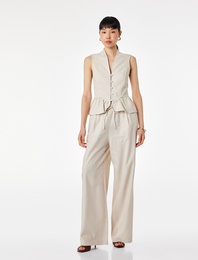 Belden Bağlamalı Cepli Geniş Paça Keten Pantolon