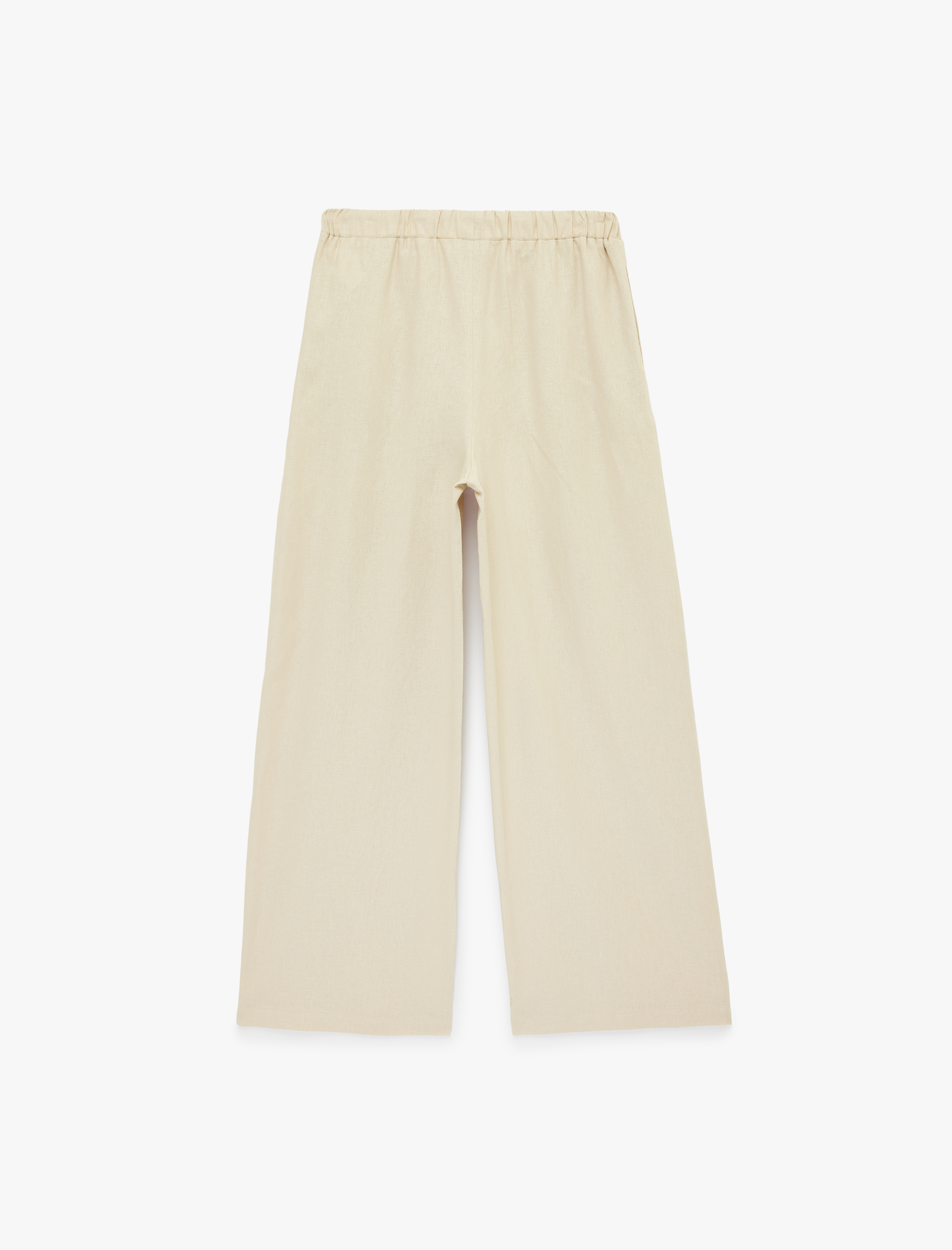   Belden Bağlamalı Cepli Geniş Paça Keten Pantolon