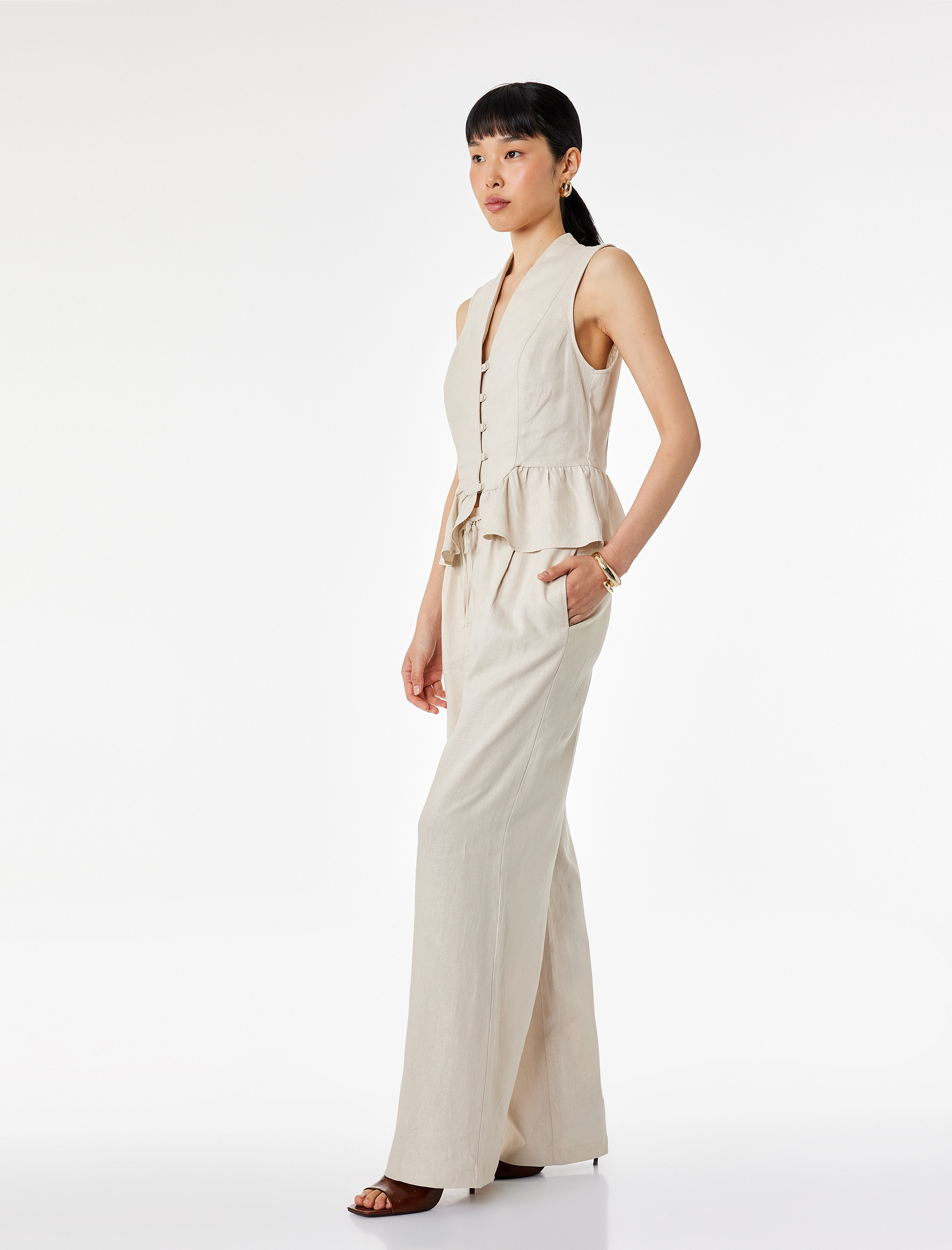   Belden Bağlamalı Cepli Geniş Paça Keten Pantolon